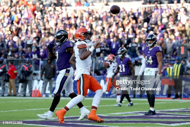 Deshaun Watson of the Cleveland Browns celebrates a two point conversion against the Baltimore Ravens during the third quarter at M&T Bank Stadium on...