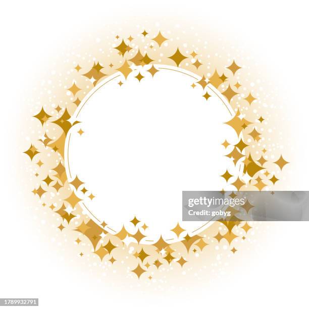 gold celebration blank round frame with stars - confetti flat lay stock illustrations