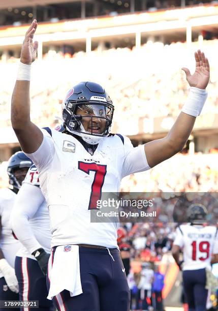 Stroud of the Houston Texans reacts after scoring a rushing touchdown during the fourth quarter against the Cincinnati Bengals at Paycor Stadium on...