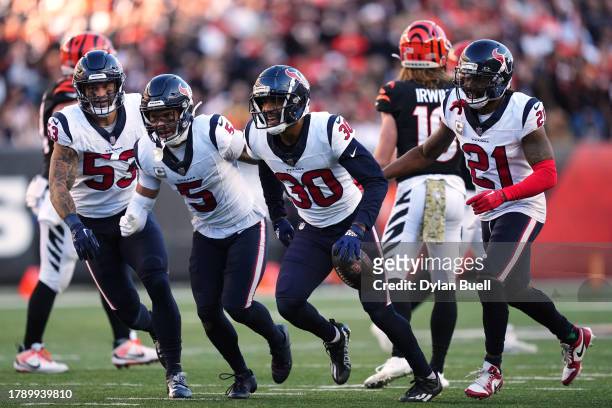 DeAndre Houston-Carson of the Houston Texans reacts after an interception during the fourth quarter against the Cincinnati Bengals at Paycor Stadium...