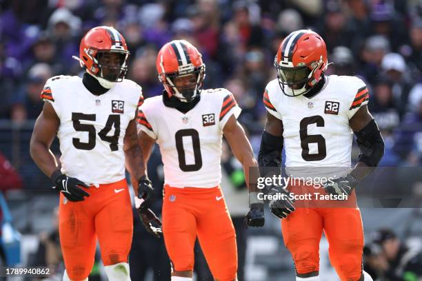 Jeremiah Owusu-Koramoah of the Cleveland Browns celebrates after a defensive play against the Baltimore Ravens during the first quarter at M&T Bank...