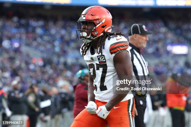 Kareem Hunt of the Cleveland Browns celebrates a touchdown against the Baltimore Ravens during the third quarter at M&T Bank Stadium on November 12,...