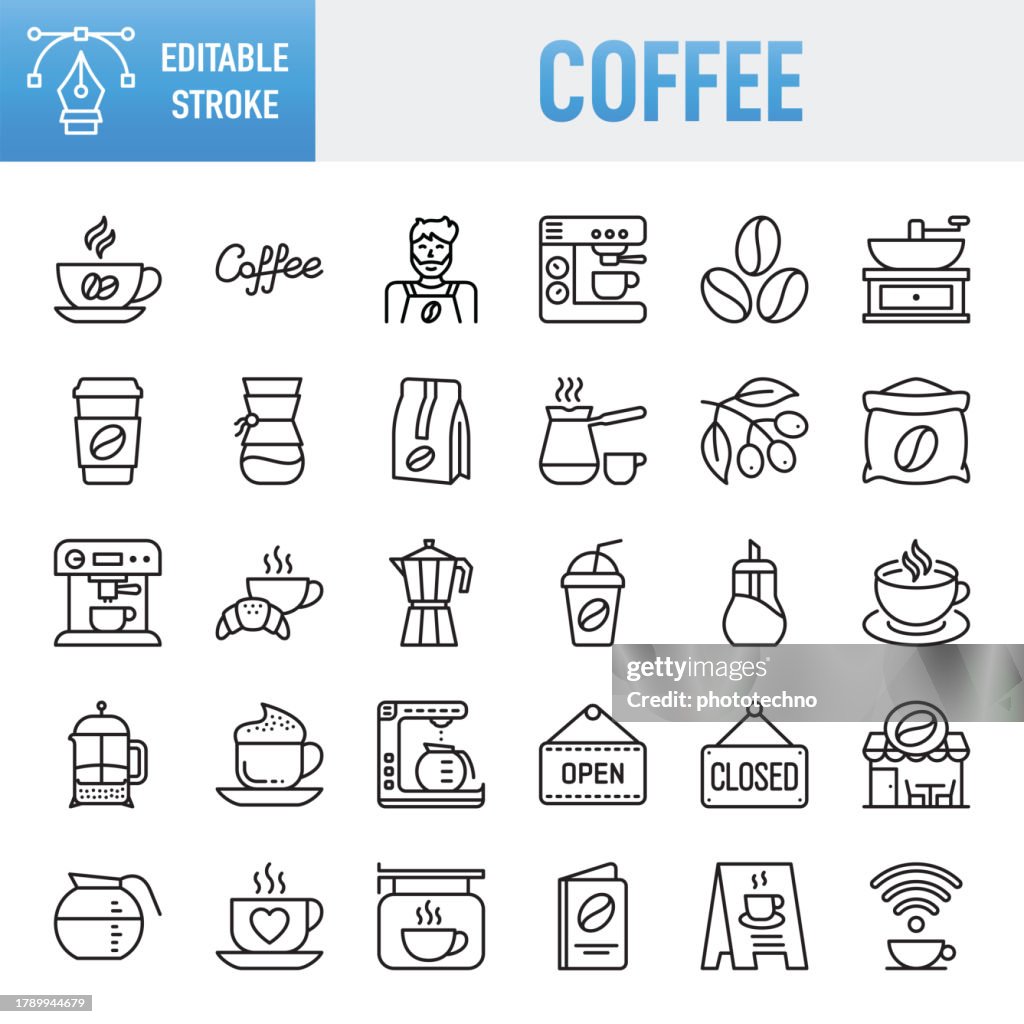 Coffee - Thin line vector icon set. Pixel perfect. For Mobile and Web. The layers are named to facilitate your customization. The set contains icons: Coffee - Drink, Coffee Break, Cafe, Cup, Drink, Coffee Shop, Cafeteria
