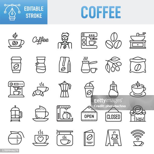 coffee - thin line vector icon set. pixel perfect. for mobile and web. the layers are named to facilitate your customization. the set contains icons: coffee - drink, coffee break, cafe, cup, drink, coffee shop, cafeteria - coffee drink illustration stock illustrations