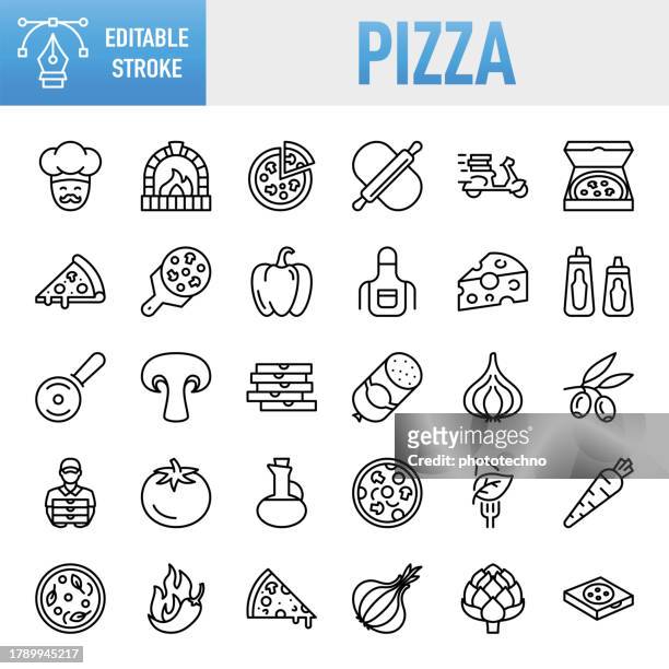 stockillustraties, clipart, cartoons en iconen met pizza - thin line vector icon set. pixel perfect. editable stroke. for mobile and web. the set contains icons: pizza, slice of food, rolling pin, pizzeria, pizza box, pizza oven, pizza cutter, pizza delivery person, edible mushroom, tomato, cheese, dough - tomato stock illustrations