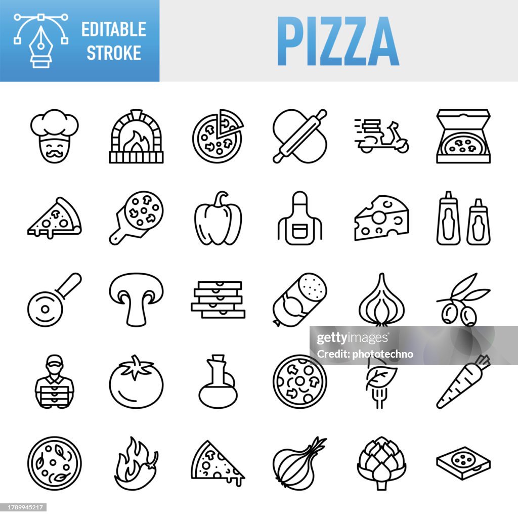 Pizza - Thin line vector icon set. Pixel perfect. Editable stroke. For Mobile and Web. The set contains icons: Pizza, Slice of Food, Rolling Pin, Pizzeria, Pizza Box, Pizza Oven, Pizza Cutter, Pizza Delivery Person, Edible Mushroom, Tomato, Cheese, Dough