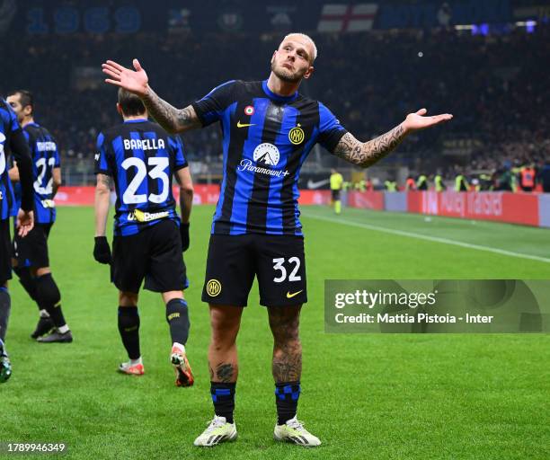 Federico Dimarco of FC Internazionale celebrates after scoring the goal during the Serie A TIM match between FC Internazionale and Frosinone Calcio...