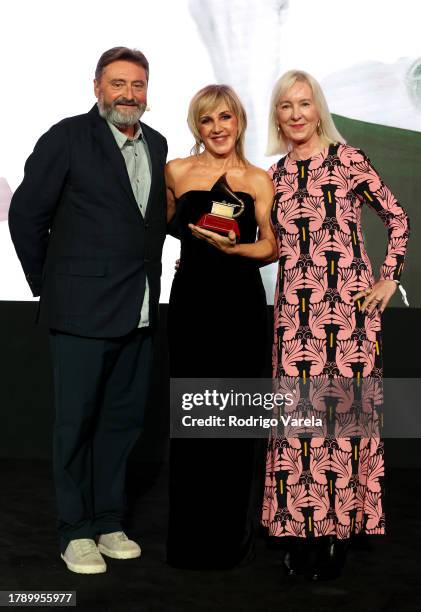 Jesús López, honoree Ana Torroja and Alexandra Lioutikoff onstage at the Special Awards Presentation during the 24th Annual Latin Grammy Awards on...