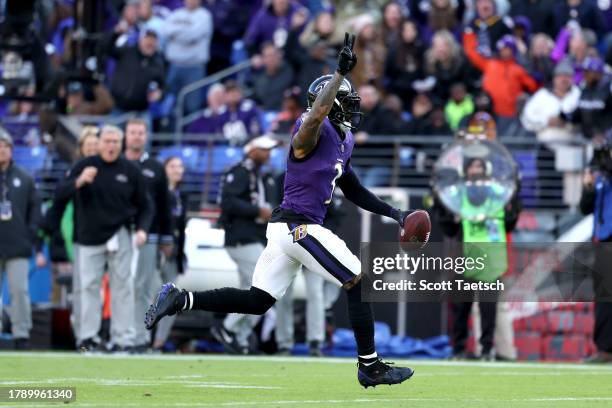 Odell Beckham Jr. #3 of the Baltimore Ravens scores a touchdown against the Cleveland Browns during the third quarter at M&T Bank Stadium on November...