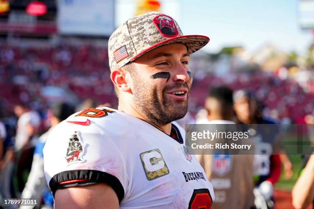 Baker Mayfield of the Tampa Bay Buccaneers looks on after his team's 20-6 win against the Tennessee Titans at Raymond James Stadium on November 12,...