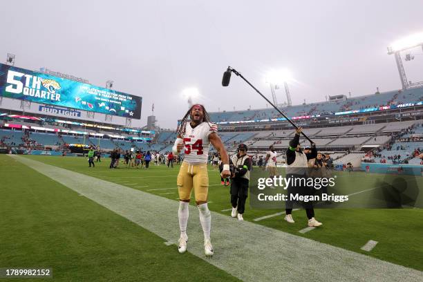 Fred Warner of the San Francisco 49ers celebrates after the game against the Jacksonville Jaguars at EverBank Stadium on November 12, 2023 in...