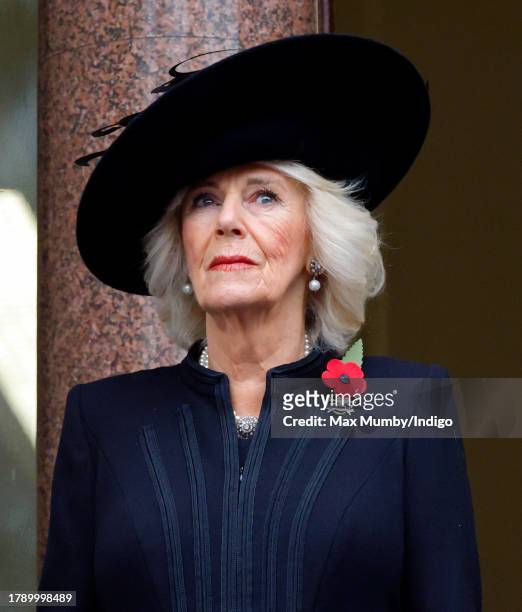 Queen Camilla attends the National Service of Remembrance at The Cenotaph on November 12, 2023 in London, England. Every year, members of the British...