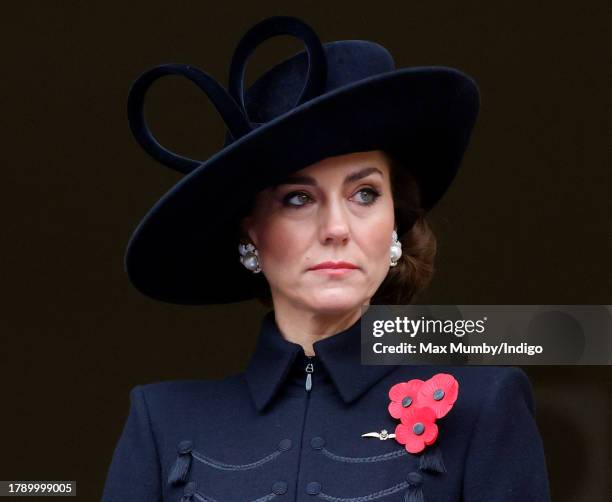 Catherine, Princess of Wales attends the National Service of Remembrance at The Cenotaph on November 12, 2023 in London, England. Every year, members...