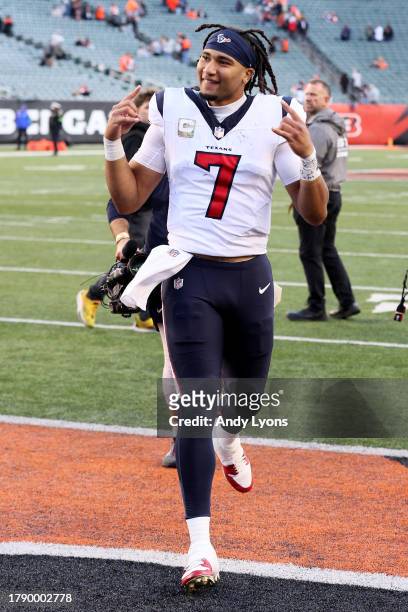 Stroud of the Houston Texans celebrates as he leaves the field after the game against the Cincinnati Bengals at Paycor Stadium on November 12, 2023...