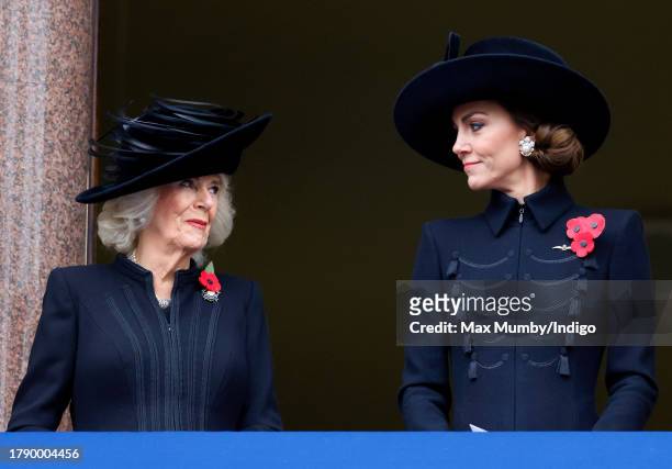 Queen Camilla and Catherine, Princess of Wales attend the National Service of Remembrance at The Cenotaph on November 12, 2023 in London, England....