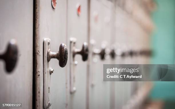 coal miners changing room lockers - wood handle stock pictures, royalty-free photos & images