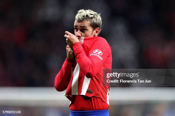 Antoine Griezmann of Atletico Madrid celebrates after scoring the team's third goal during the LaLiga EA Sports match between Atletico Madrid and...