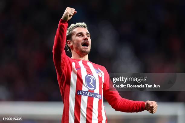 Antoine Griezmann of Atletico Madrid celebrates after scoring the team's third goal during the LaLiga EA Sports match between Atletico Madrid and...