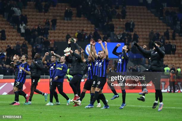 The players of FC Internazionale show their appreciation to the fans at full-time after their victory in the Serie A TIM match between FC...