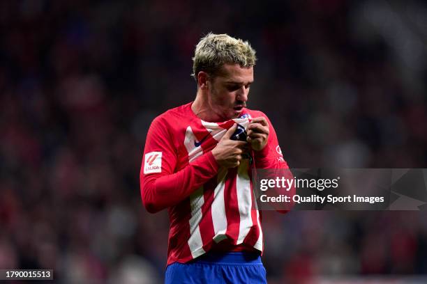 Antoine Griezmann of Atletico de Madrid celebrates after scoring his team's second goal during the LaLiga EA Sports match between Atletico Madrid and...