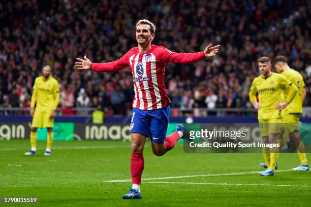 Antoine Griezmann of Atletico de Madrid celebrates after scoring his team's second goal during the LaLiga EA Sports match between Atletico Madrid and...