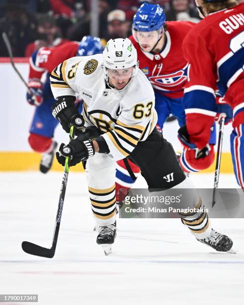 Brad Marchand of the Boston Bruins skates during the third period against the Montreal Canadiens at the Bell Centre on November 11, 2023 in Montreal,...