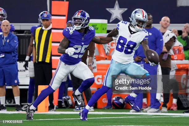 CeeDee Lamb of the Dallas Cowboys catches a pass during the first quarter against the New York Giants at AT&T Stadium on November 12, 2023 in...