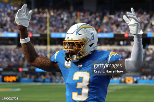 Derwin James Jr. #3 of the Los Angeles Chargers celebrates a fourth down stop during the second quarter against the Detroit Lions at SoFi Stadium on...