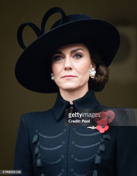 Catherine, Princess of Wales during the National Service of Remembrance at The Cenotaph on November 12, 2023 in London, England. Every year, members...