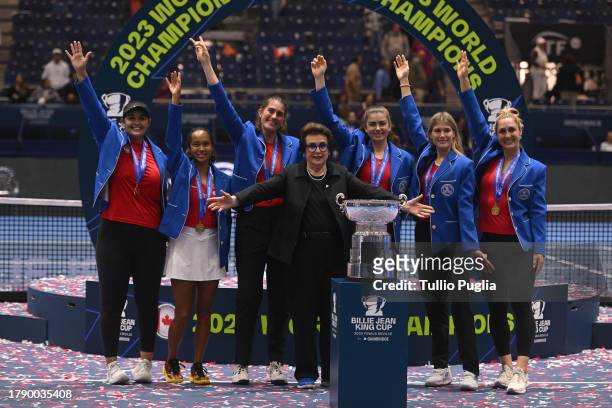 Players of Canada, wearing the blue winners jacket, pose with Billie Jean King during the award ceremony after the Billie Jean King Cup Final match...