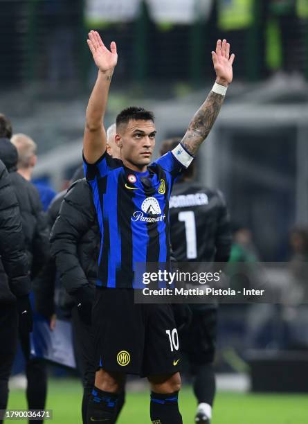 Lautaro Martinez of FC Internazionale celebrates the win at the end of the Serie A TIM match between FC Internazionale and Frosinone Calcio at Stadio...