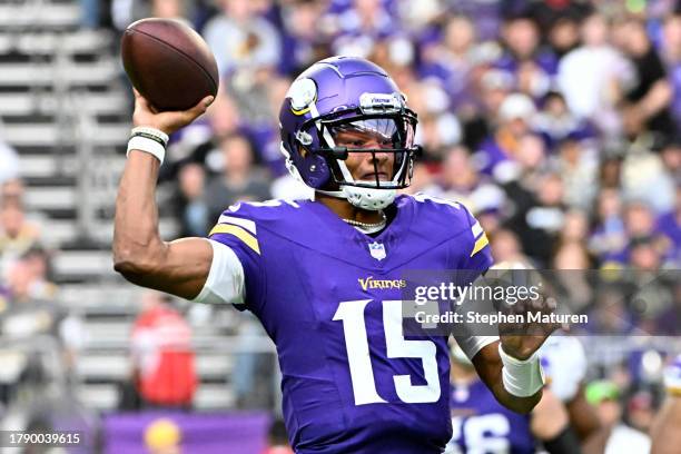 Joshua Dobbs of the Minnesota Vikings throws a pass against the New Orleans Saints during the fourth quarter at U.S. Bank Stadium on November 12,...