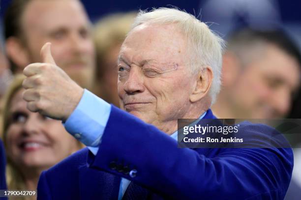 Dallas Cowboys owner Jerry Jones waves to fans during the game against the New York Giants at AT&T Stadium on November 12, 2023 in Arlington, Texas.