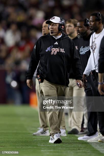 Head coach Jimbo Fisher of the Texas A&M Aggies reacts during the game against the Mississippi State Bulldogs at Kyle Field on November 11, 2023 in...