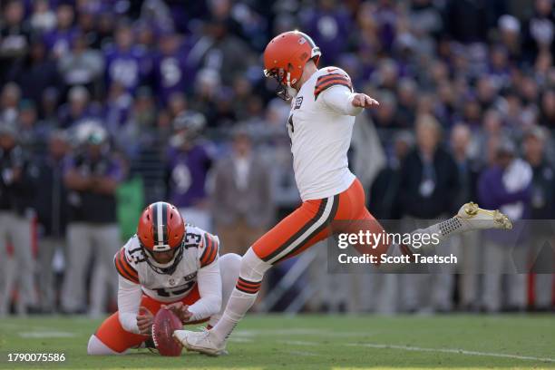 Dustin Hopkins of the Cleveland Browns kicks a field goal in the game against the Baltimore Ravens during the first half at M&T Bank Stadium on...