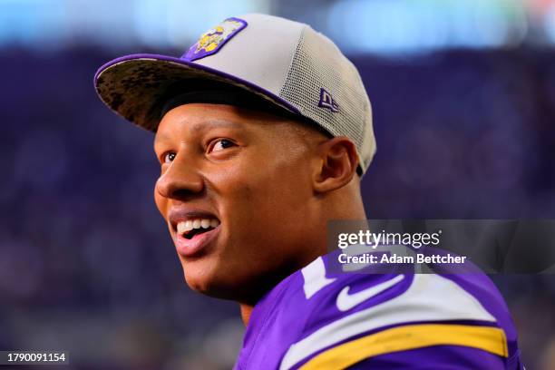 Joshua Dobbs of the Minnesota Vikings on the field after the game against the New Orleans Saints at U.S. Bank Stadium on November 12, 2023 in...