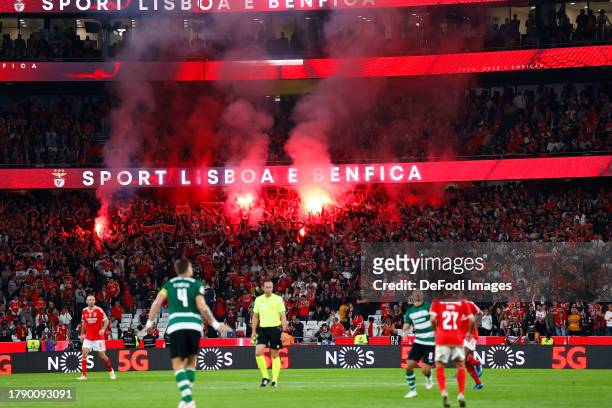 Benfica Supporters use pyrotechnics during the Liga Portugal Bwin match between SL Benfica and Sporting CP at Estadio do Sport Lisboa e Benfica on...