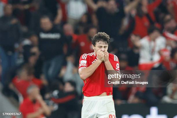 Joao Neves of SL Benfica celebrates after scoring his team's first goal during the Liga Portugal Bwin match between SL Benfica and Sporting CP at...