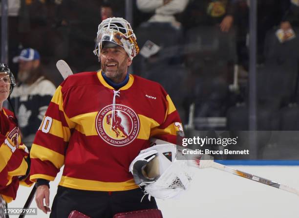 Henrik Lundqvist takes part in the Hockey Hall of Fame Legends Classic Game at Air Canada Centre on November 12, 2023 in Toronto, Ontario, Canada.