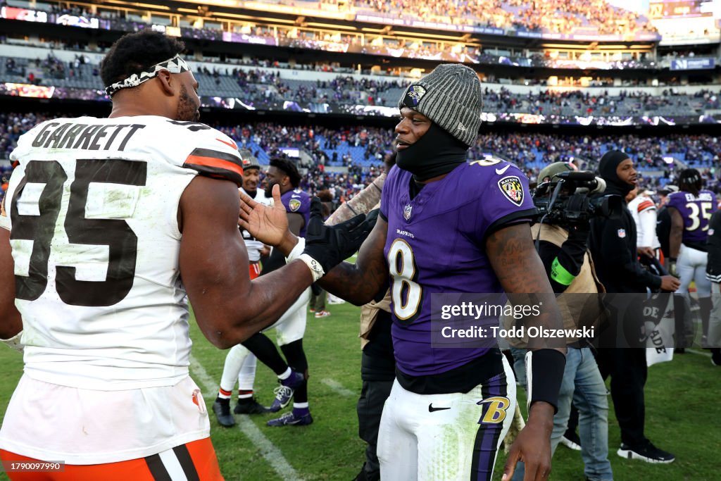 Myles Garrett of the Cleveland Browns and Lamar Jackson of the... News