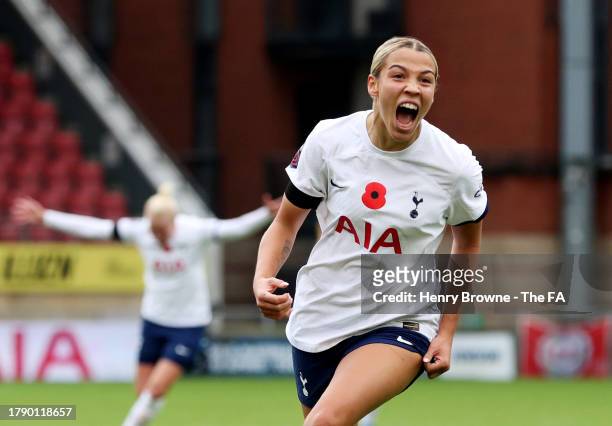 Celin Bizet Ildhusoy of Tottenham Hotspur celebrates after scoring the team's first goal during the Barclays Women´s Super League match between...