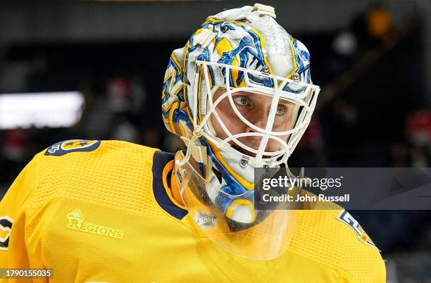 Kevin Lankinen of the Nashville Predators warms up prior to an NHL game against the Chicago Blackhawks at Bridgestone Arena on November 18, 2023 in...