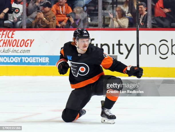 Owen Tippett of the Philadelphia Flyers reacts after scoring a first period power-play goal against the Vegas Golden Knights at the Wells Fargo...