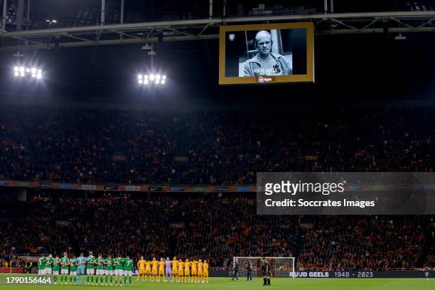 Players of Holland and Ireland hold a minute's silence for the death of Ruud Geels during the EURO Qualifier match between Holland v Republic of...