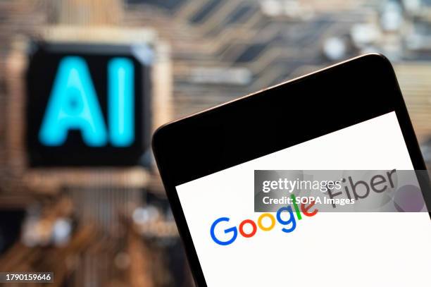 In this photo illustration, the American fast Internet service provider by Google, Google Fiber, logo seen displayed on a smartphone with an...