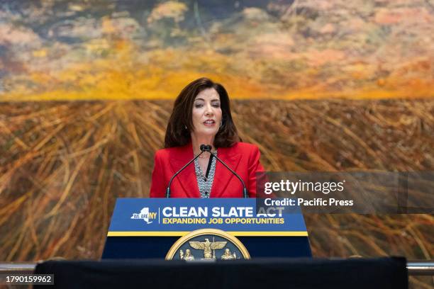 Governor Kathy Hochul speaks before the signing of the Clean Slate Act into the law at Brooklyn Museum. The law seals certain criminal records and...