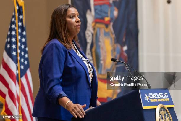 State Attorney General Letitia James speaks during Governor Kathy Hochul signing the Clean Slate Act into the law at Brooklyn Museum. The law seals...