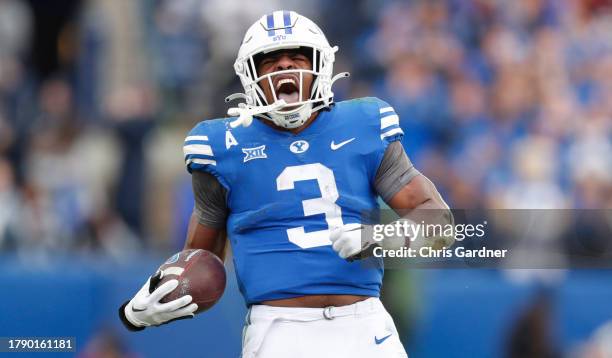 Aidan Robbins of the Brigham Young Cougars reacts after rushing the ball against the Oklahoma Sooners during the second half of their game at LaVell...