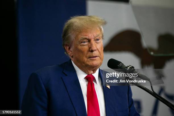 Former President Donald Trump speaks to a crowd of supporters at the Fort Dodge Senior High School on November 18, 2023 in Fort Dodge, Iowa. The...