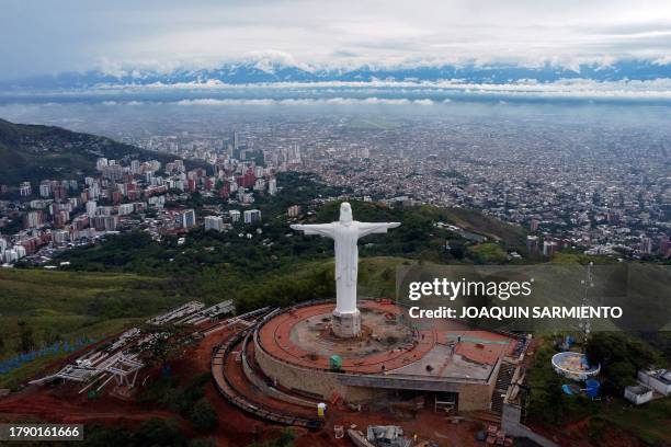 Aerial view of the Cristo Rey statue taken during its restauration in Cali, Colombia, on November 18, 2023. According to the authorities, the site...